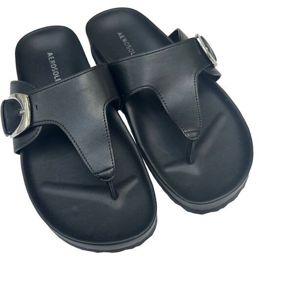 NWOT Aerosoles Flipflop Sandals Women's Size 7 Black Faux Leather Molded Footbed - Picture 1 of 9